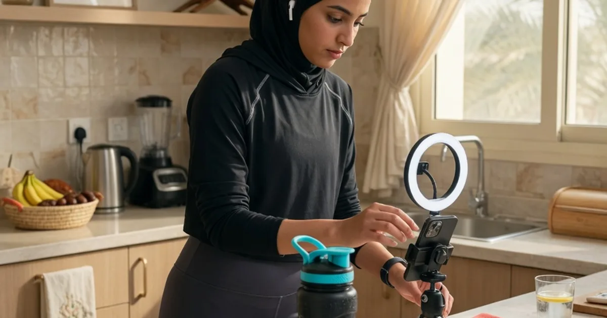 Saudi creator filming a sports product on a phone tripod in a home kitchen