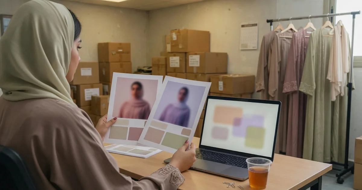 Marketer comparing creator profiles beside fashion samples and shipping boxes