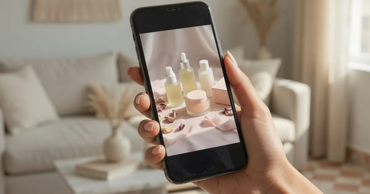 Hand holding a phone showing a vertical beauty UGC video at home
