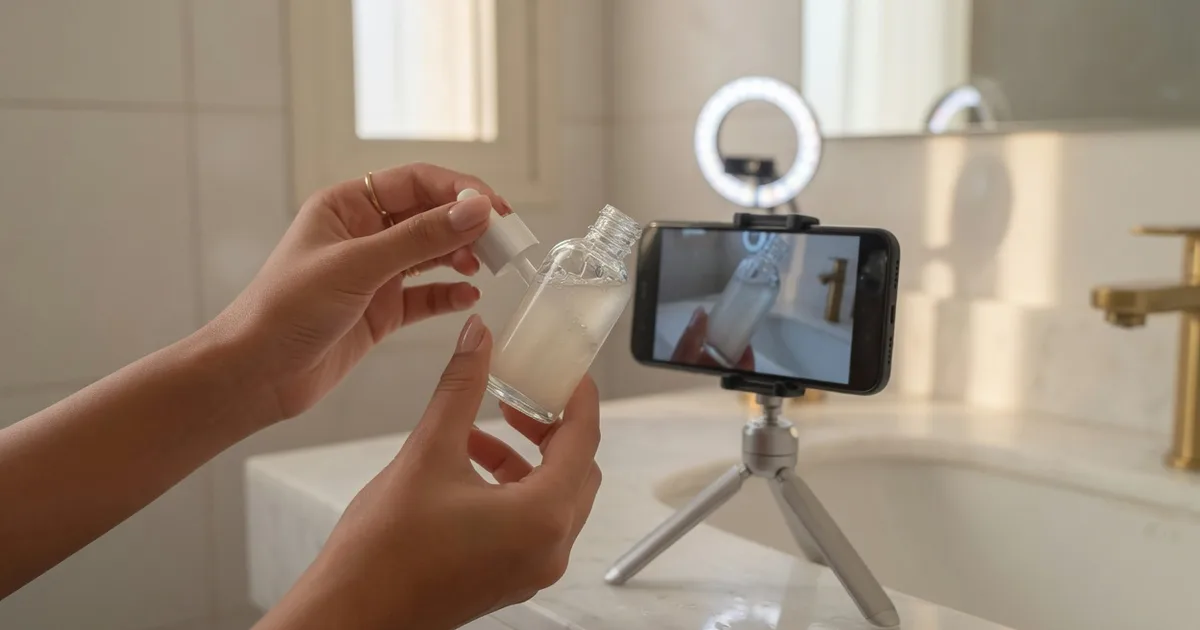 Creator filming a beauty product on a phone tripod