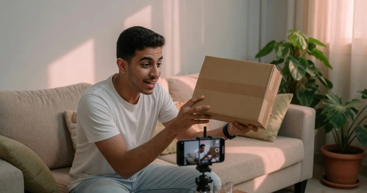 Saudi creator filming a product unboxing video at home in Jeddah