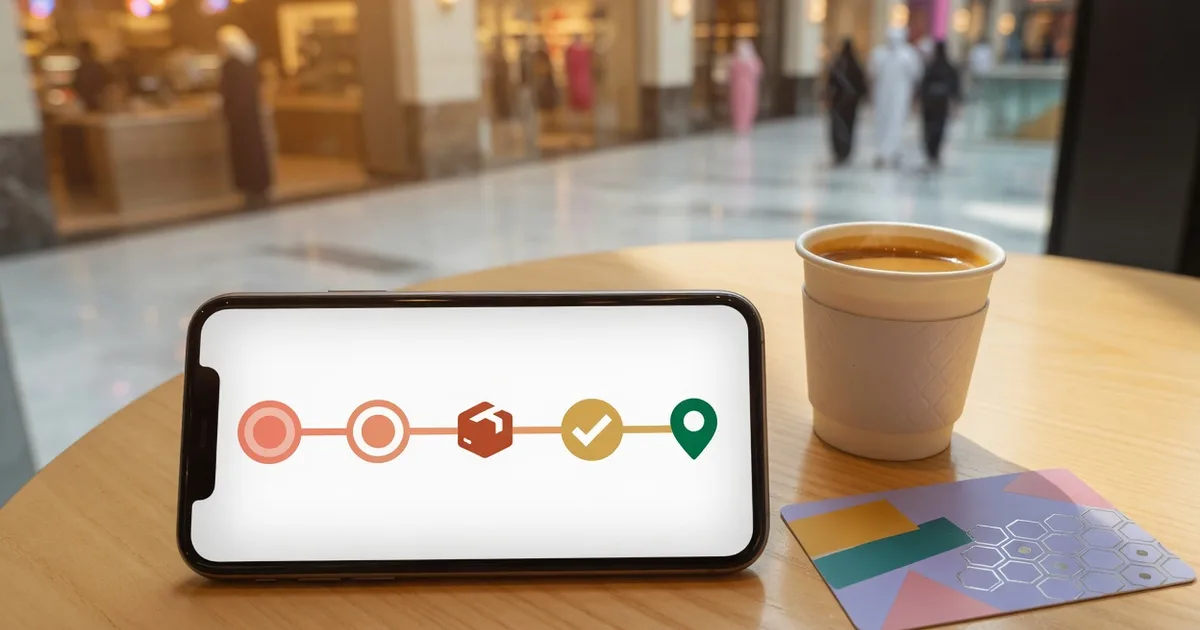 Phone showing order status beside Arabic coffee
