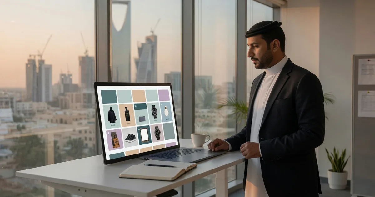 E-commerce manager in Riyadh browsing creator profiles on a laptop